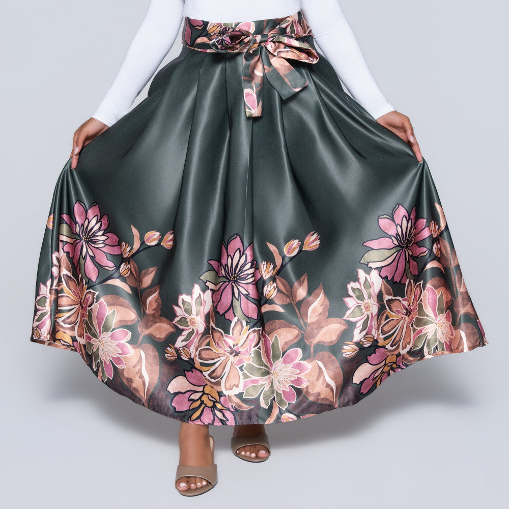 Green Printed Satin Skirt
