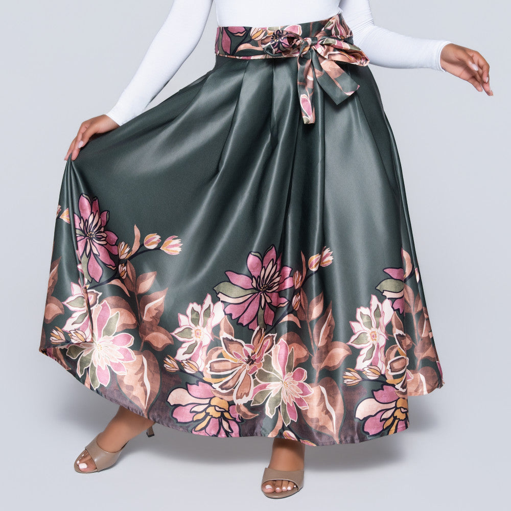 Green Printed Satin Skirt