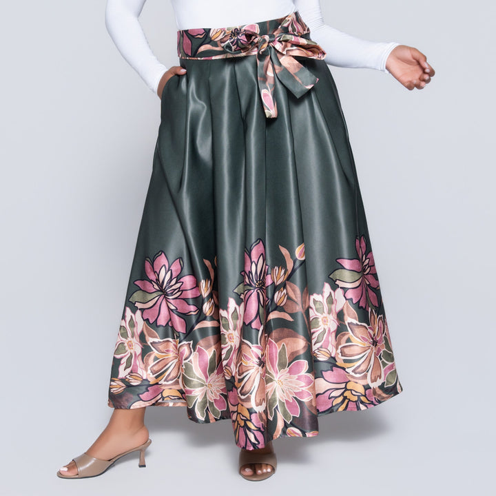 Green Printed Satin Skirt