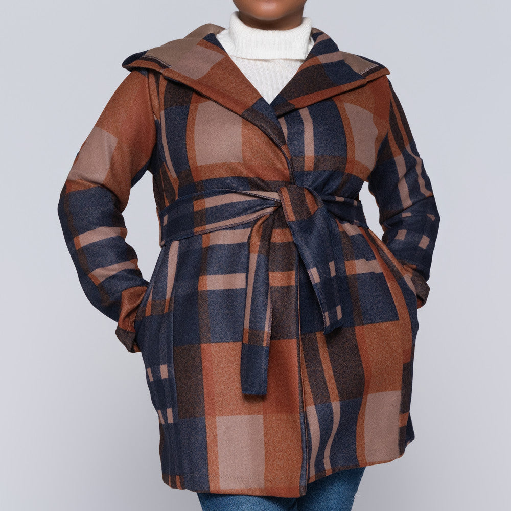 Check Print Melton Hooded Jacket