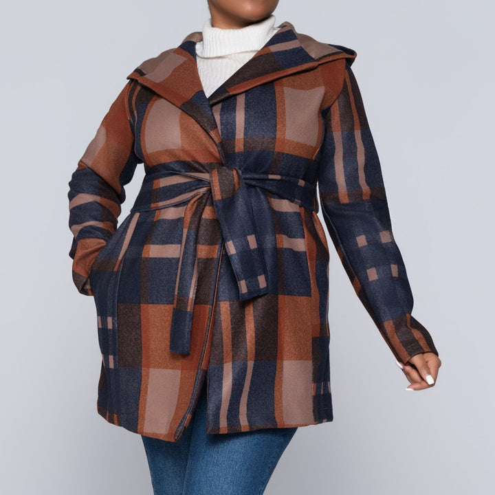 Check Print Melton Hooded Jacket