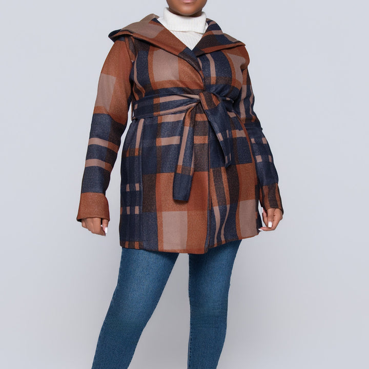 Check Print Melton Hooded Jacket