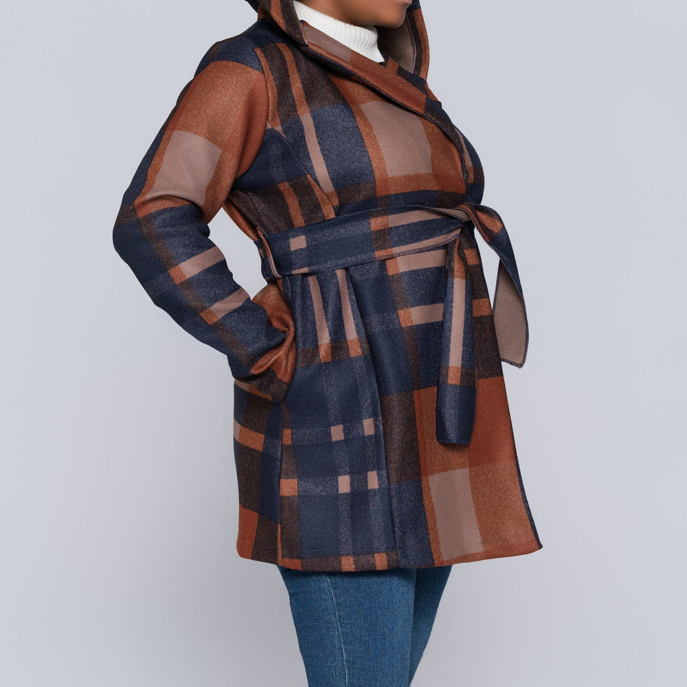 Check Print Melton Hooded Jacket