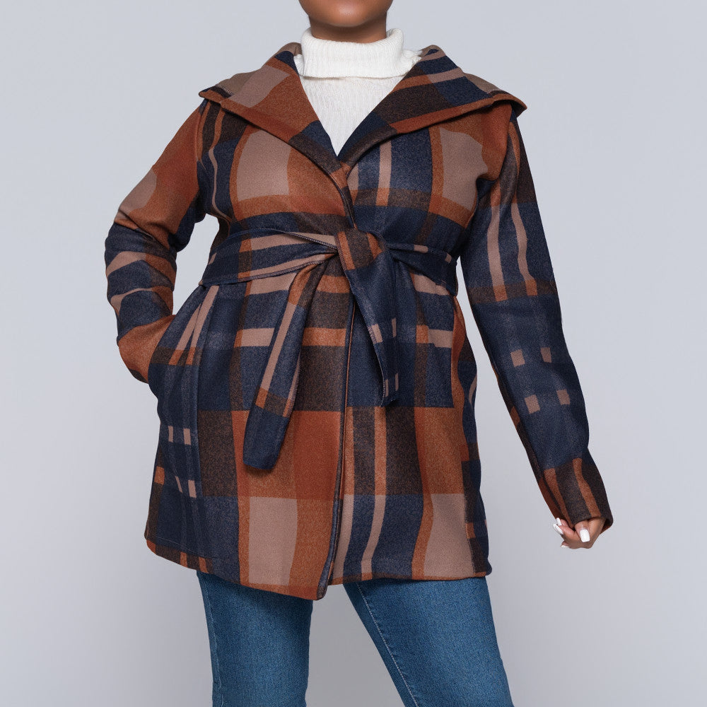 Check Print Melton Hooded Jacket