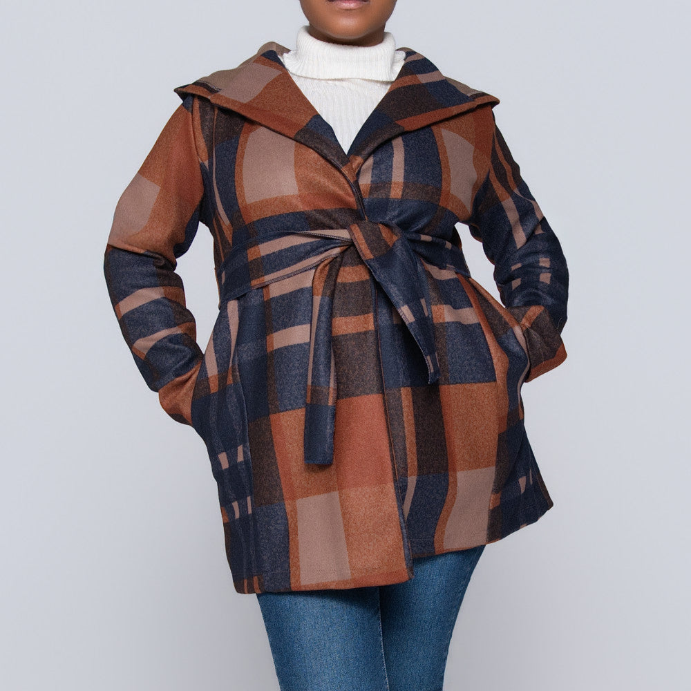 Check Print Melton Hooded Jacket