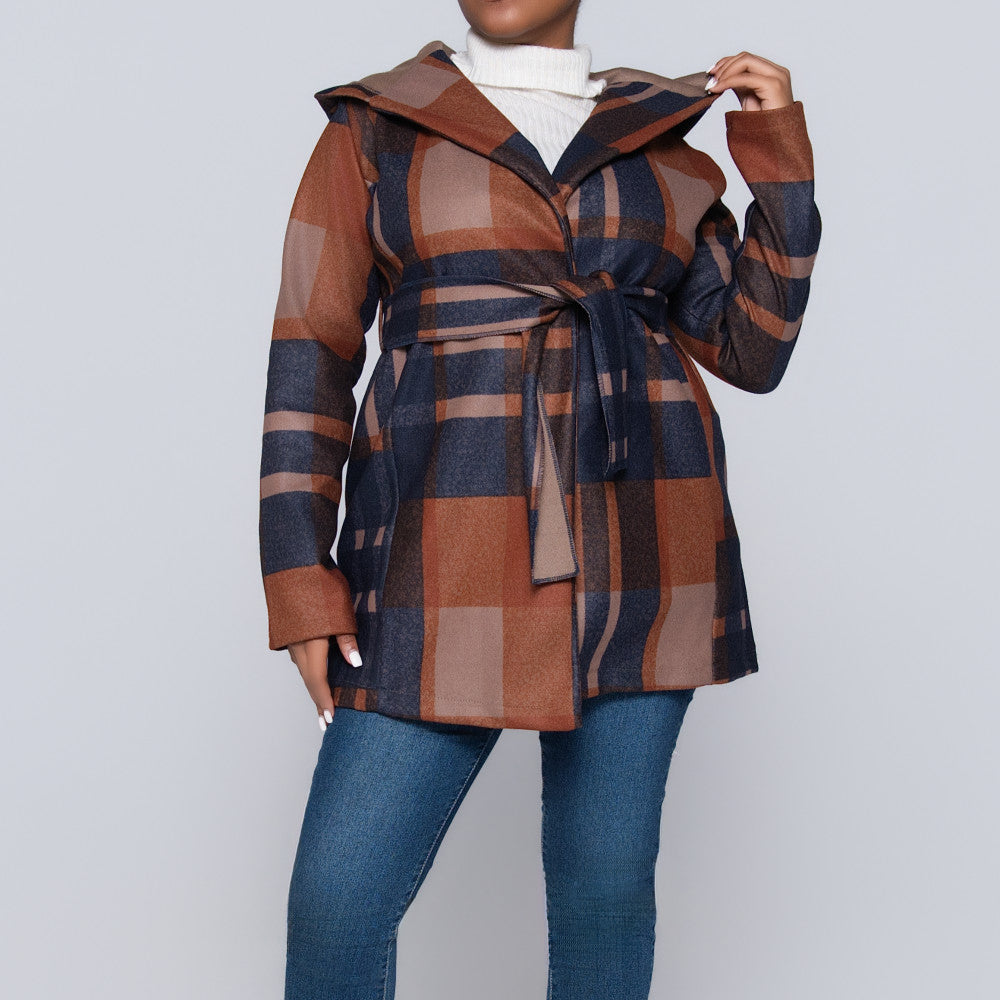 Check Print Melton Hooded Jacket