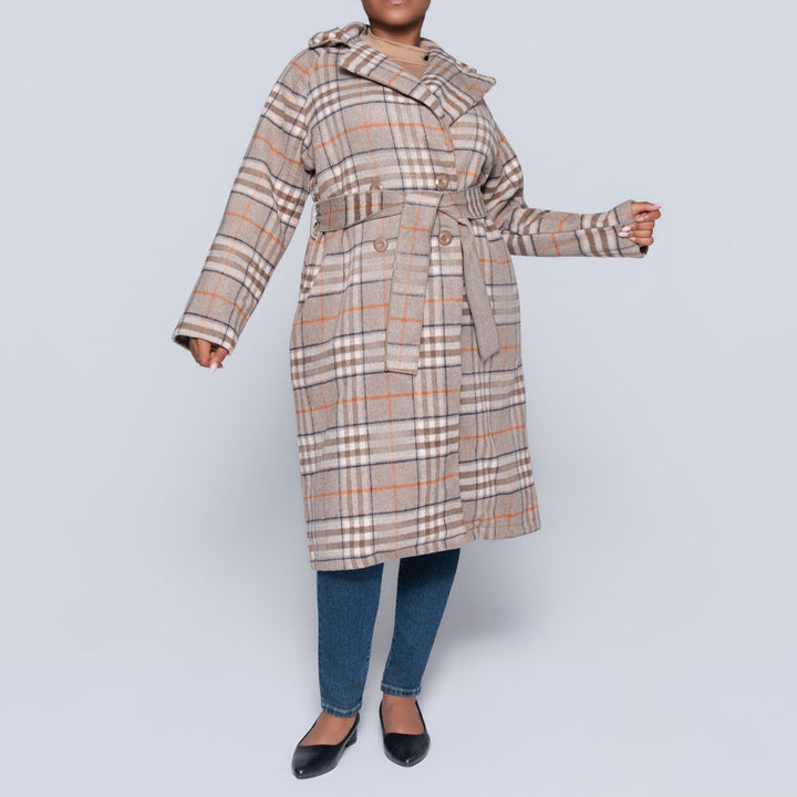 Brown Long Sleeve Check Print Melton Jacket