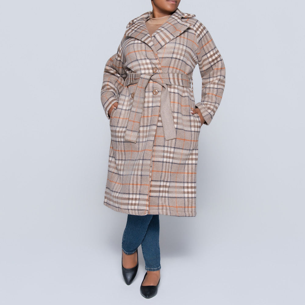 Brown Long Sleeve Check Print Melton Jacket