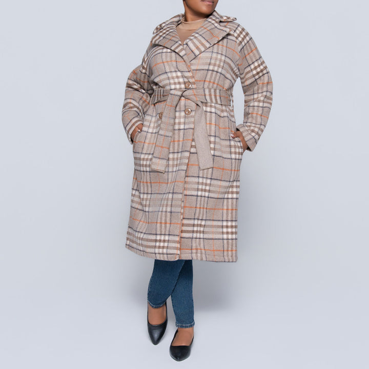 Brown Long Sleeve Check Print Melton Jacket