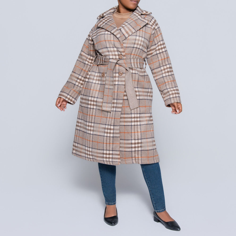 Brown Long Sleeve Check Print Melton Jacket