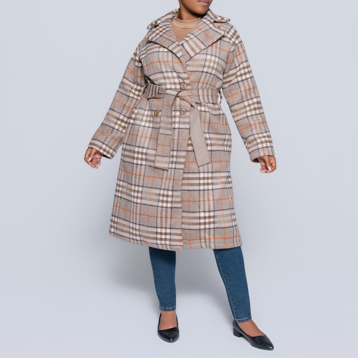 Brown Long Sleeve Check Print Melton Jacket