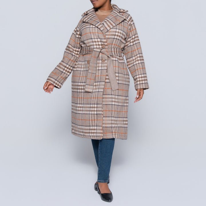 Brown Long Sleeve Check Print Melton Jacket