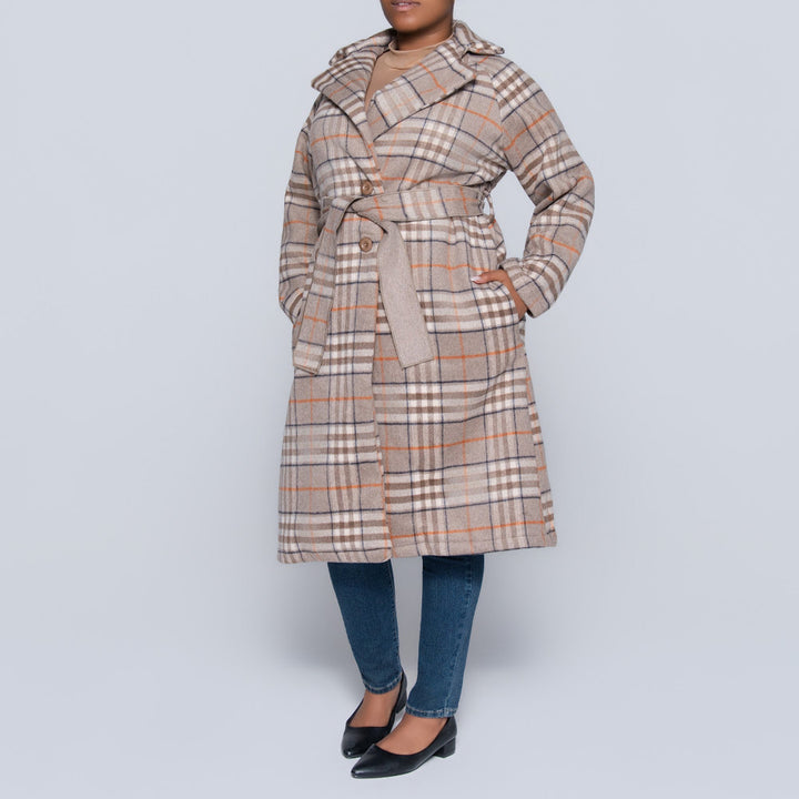 Brown Long Sleeve Check Print Melton Jacket