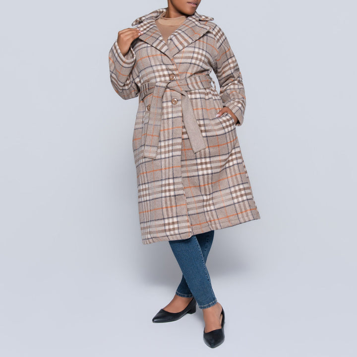 Brown Long Sleeve Check Print Melton Jacket