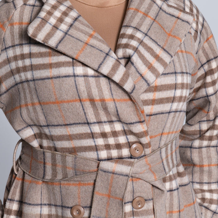 Brown Long Sleeve Check Print Melton Jacket
