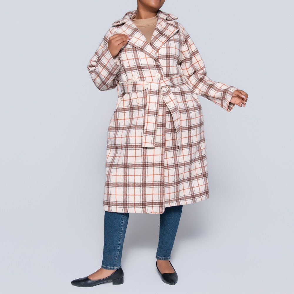 Stone Long Sleeve Check Print Melton Jacket