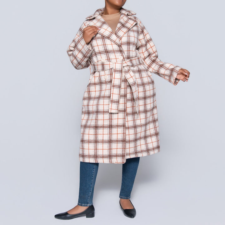 Stone Long Sleeve Check Print Melton Jacket
