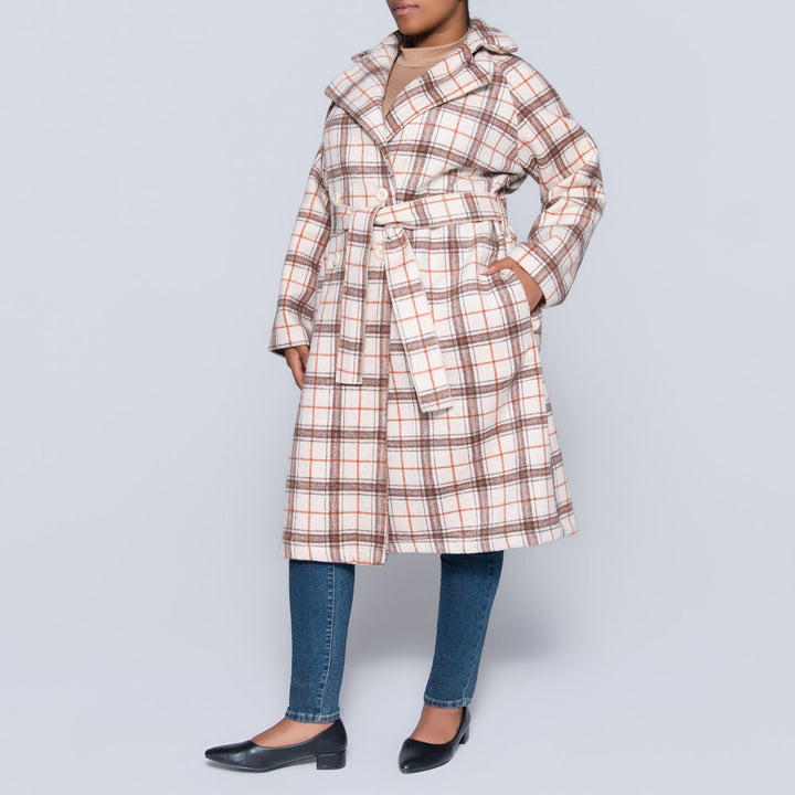 Stone Long Sleeve Check Print Melton Jacket