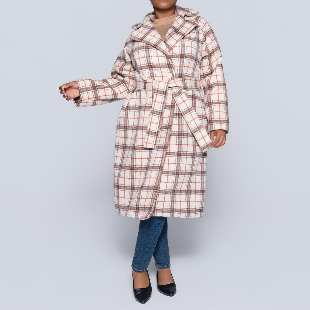 Stone Long Sleeve Check Print Melton Jacket