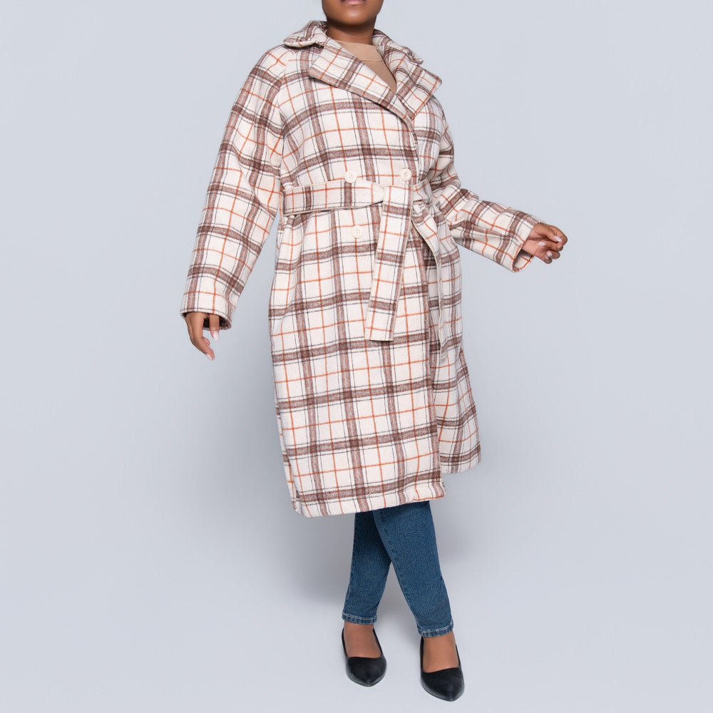 Stone Long Sleeve Check Print Melton Jacket