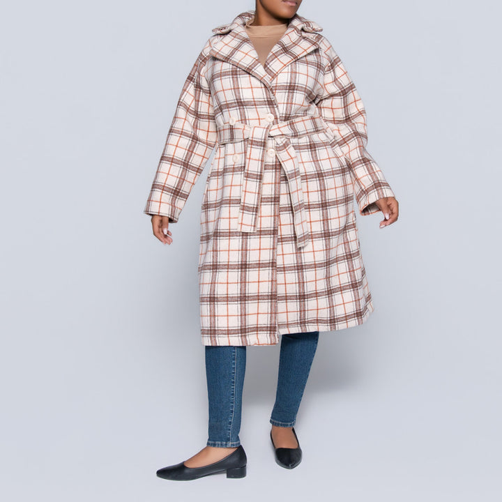 Stone Long Sleeve Check Print Melton Jacket