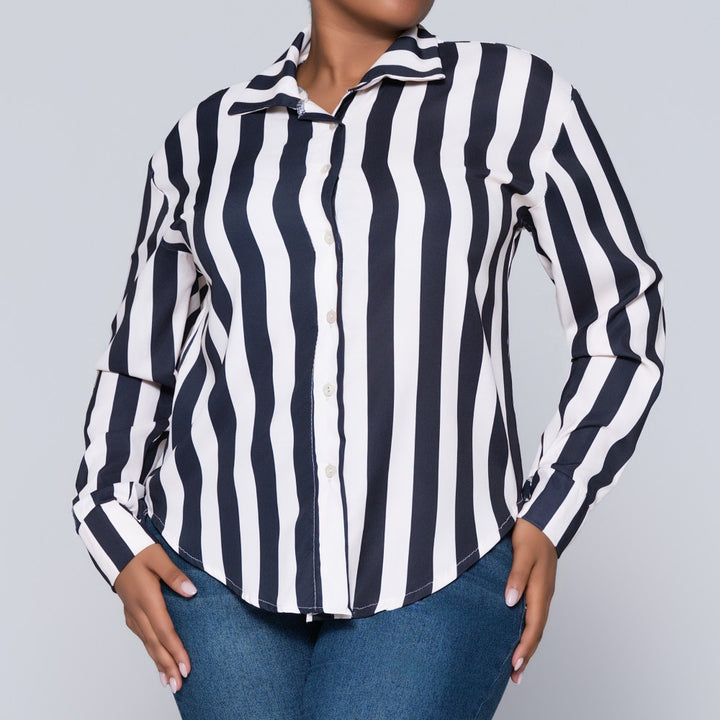 Long Sleeve Black/Stone Collar Edit Striped Top