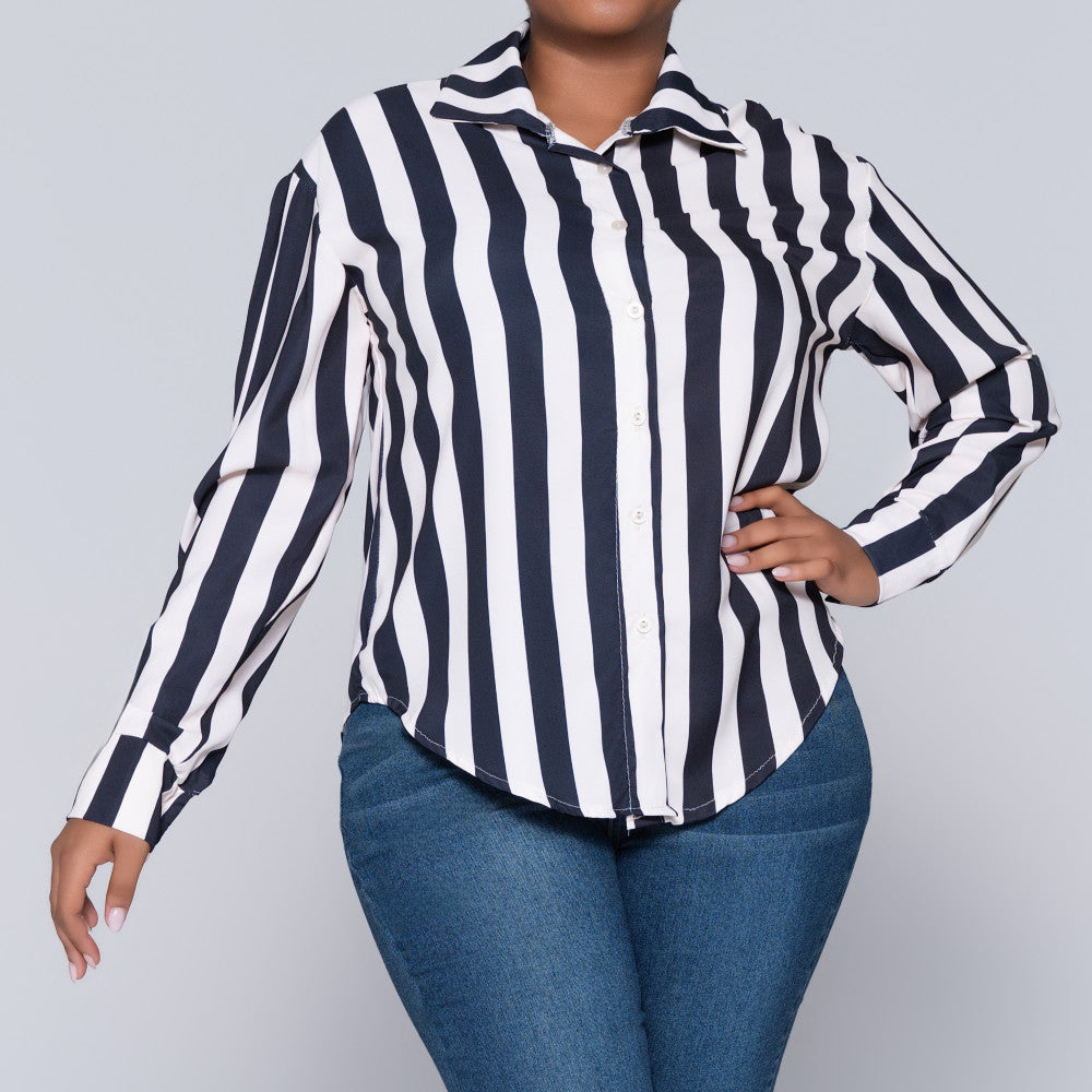 Long Sleeve Black/Stone Collar Edit Striped Top