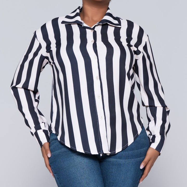 Long Sleeve Black/Stone Collar Edit Striped Top