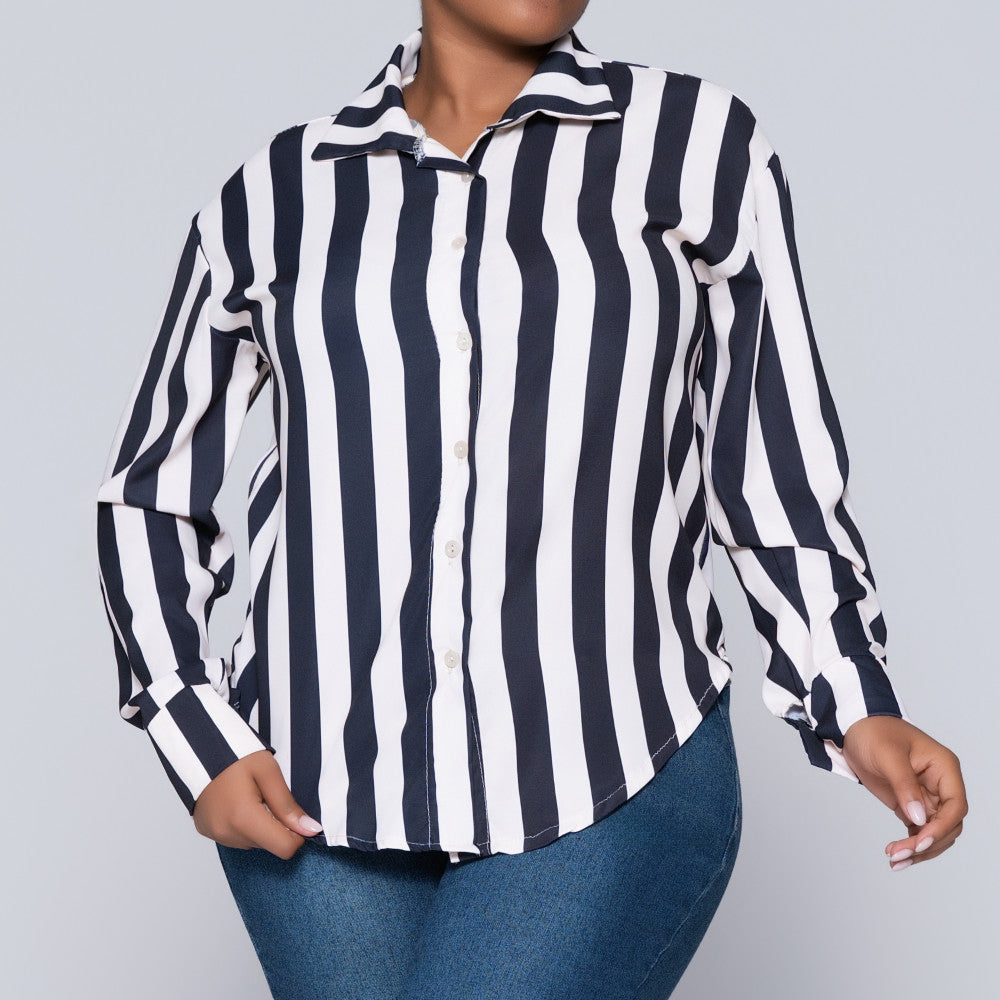 Long Sleeve Black/Stone Collar Edit Striped Top
