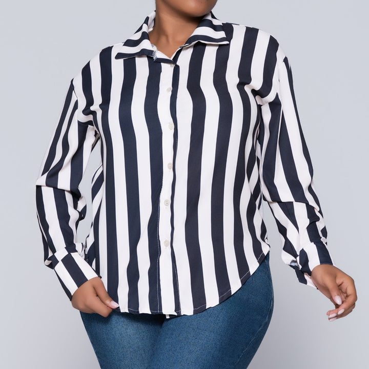 Long Sleeve Black/Stone Collar Edit Striped Top