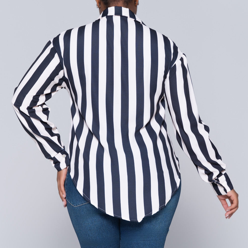 Long Sleeve Black/Stone Collar Edit Striped Top