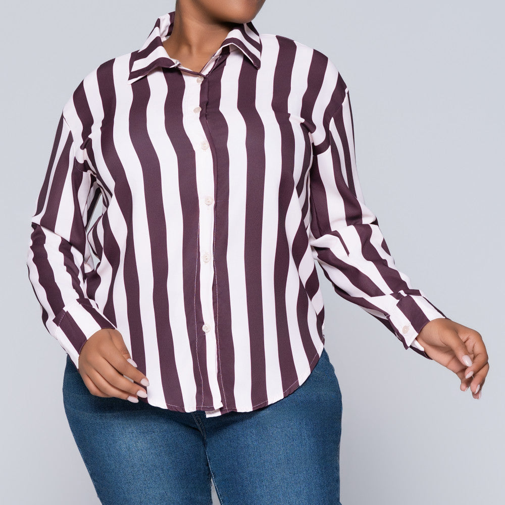 Long Sleeve Choc/Stone Collar Edit Striped Top