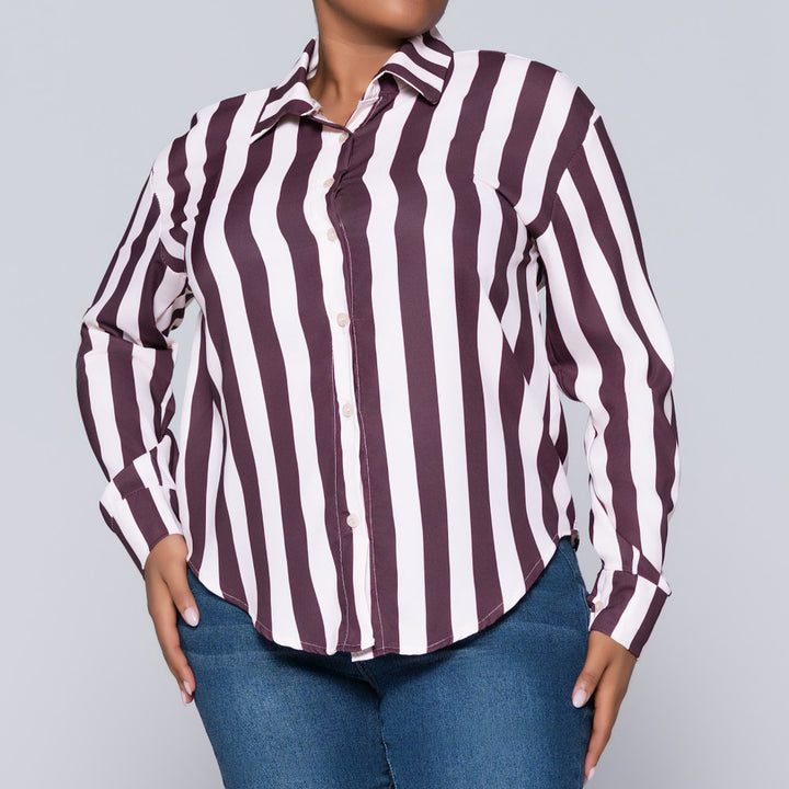 Long Sleeve Choc/Stone Collar Edit Striped Top