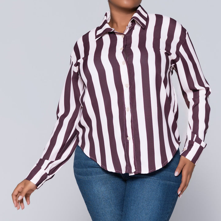 Long Sleeve Choc/Stone Collar Edit Striped Top
