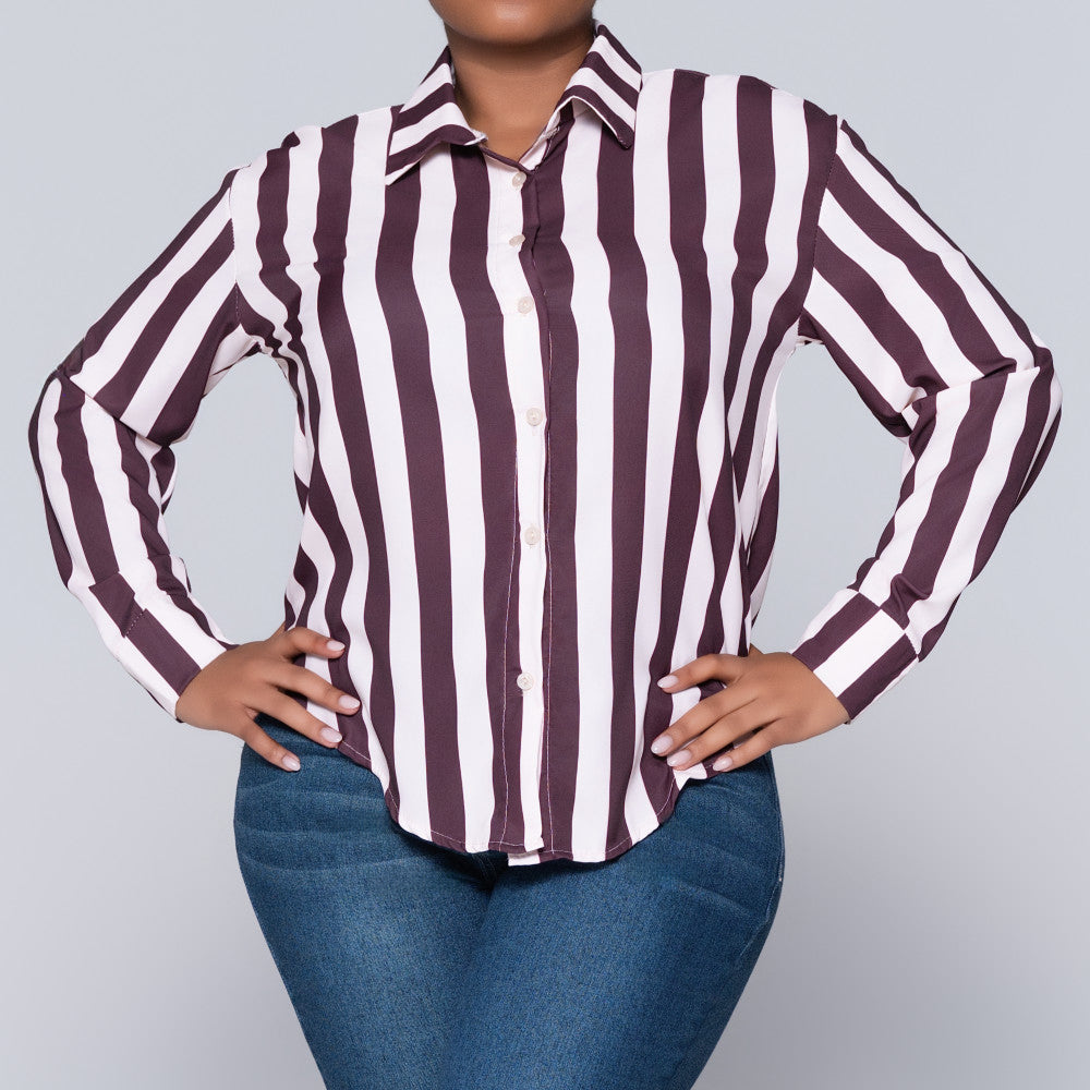Long Sleeve Choc/Stone Collar Edit Striped Top