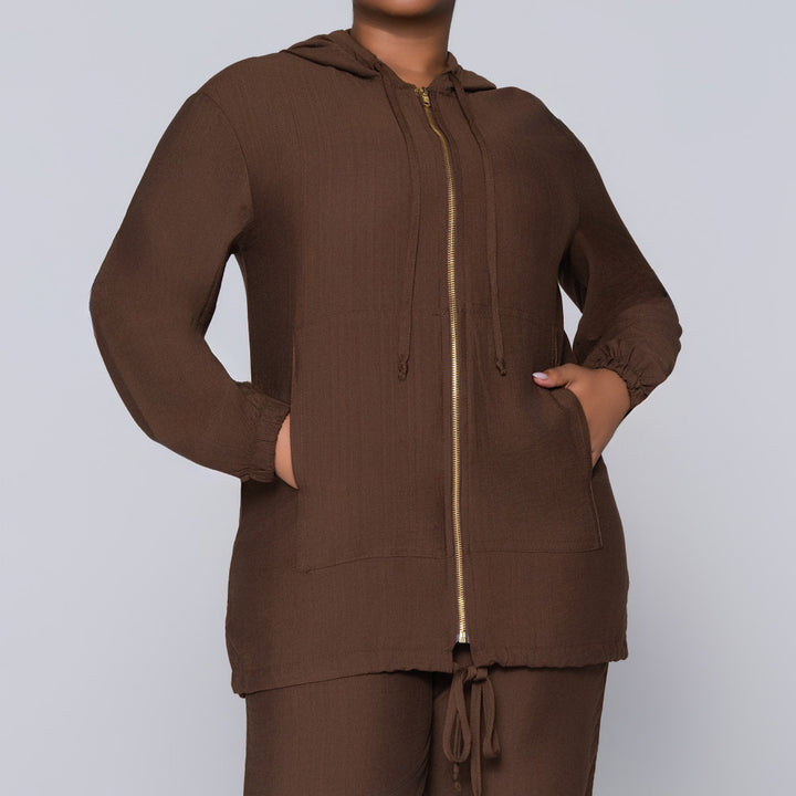 Long Sleeve Choc  Hooded Zipper Jacket