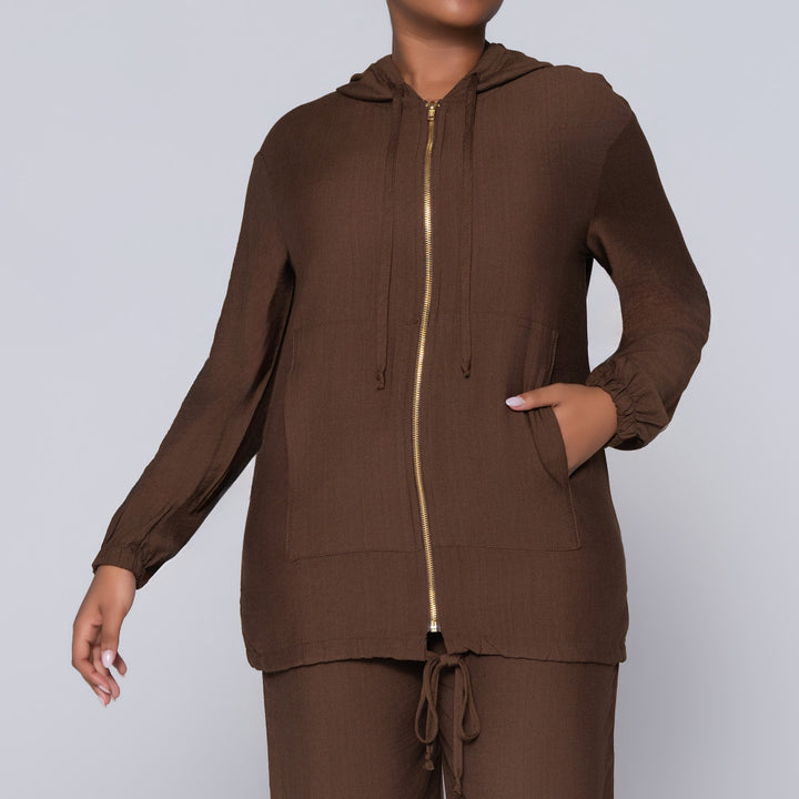 Long Sleeve Choc  Hooded Zipper Jacket