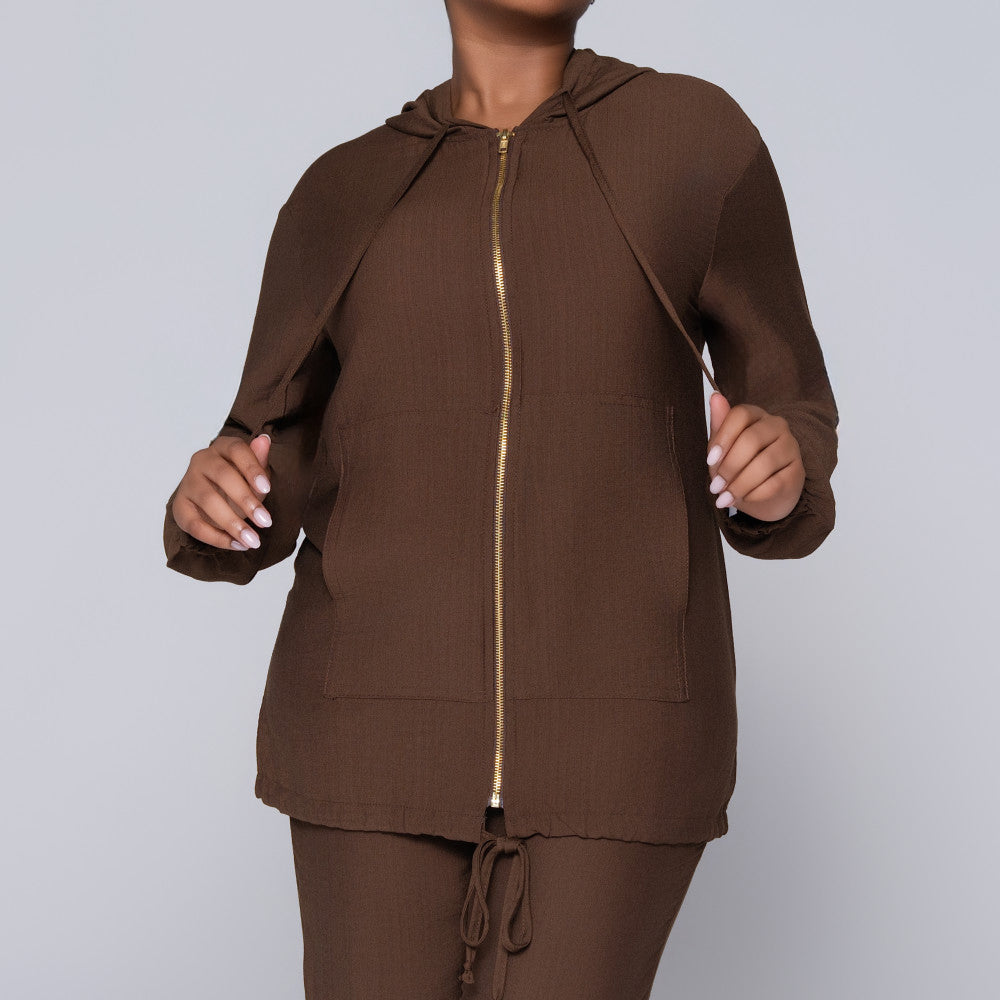 Long Sleeve Choc  Hooded Zipper Jacket