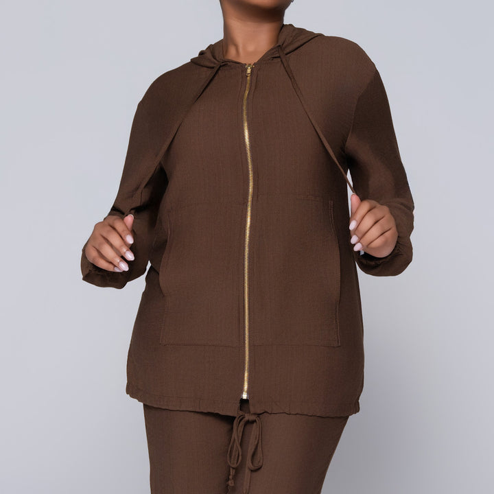 Long Sleeve Choc  Hooded Zipper Jacket