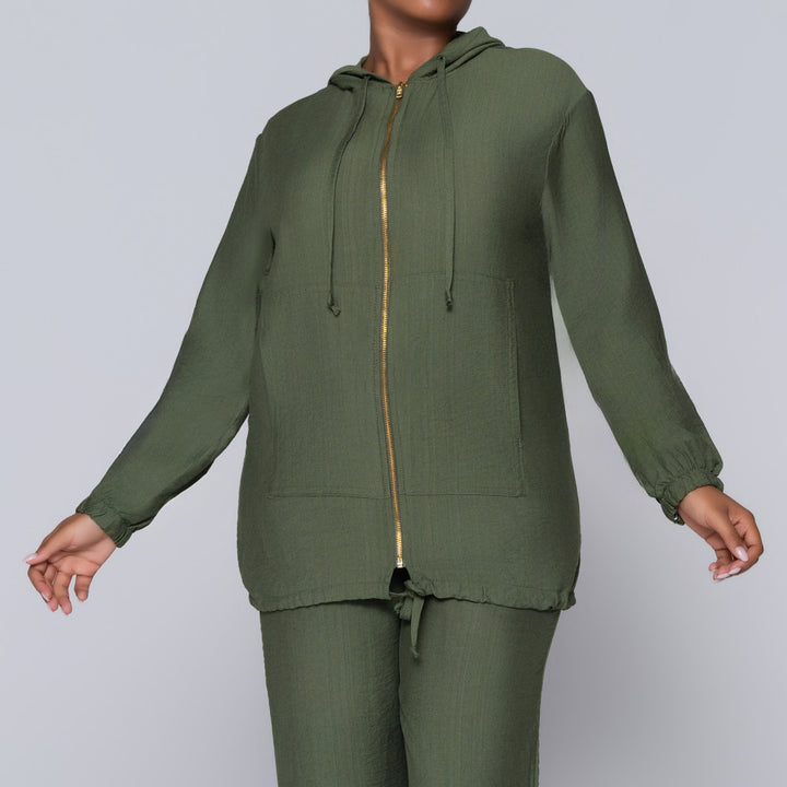 Long Sleeve Olive Hooded Zipper Jacket