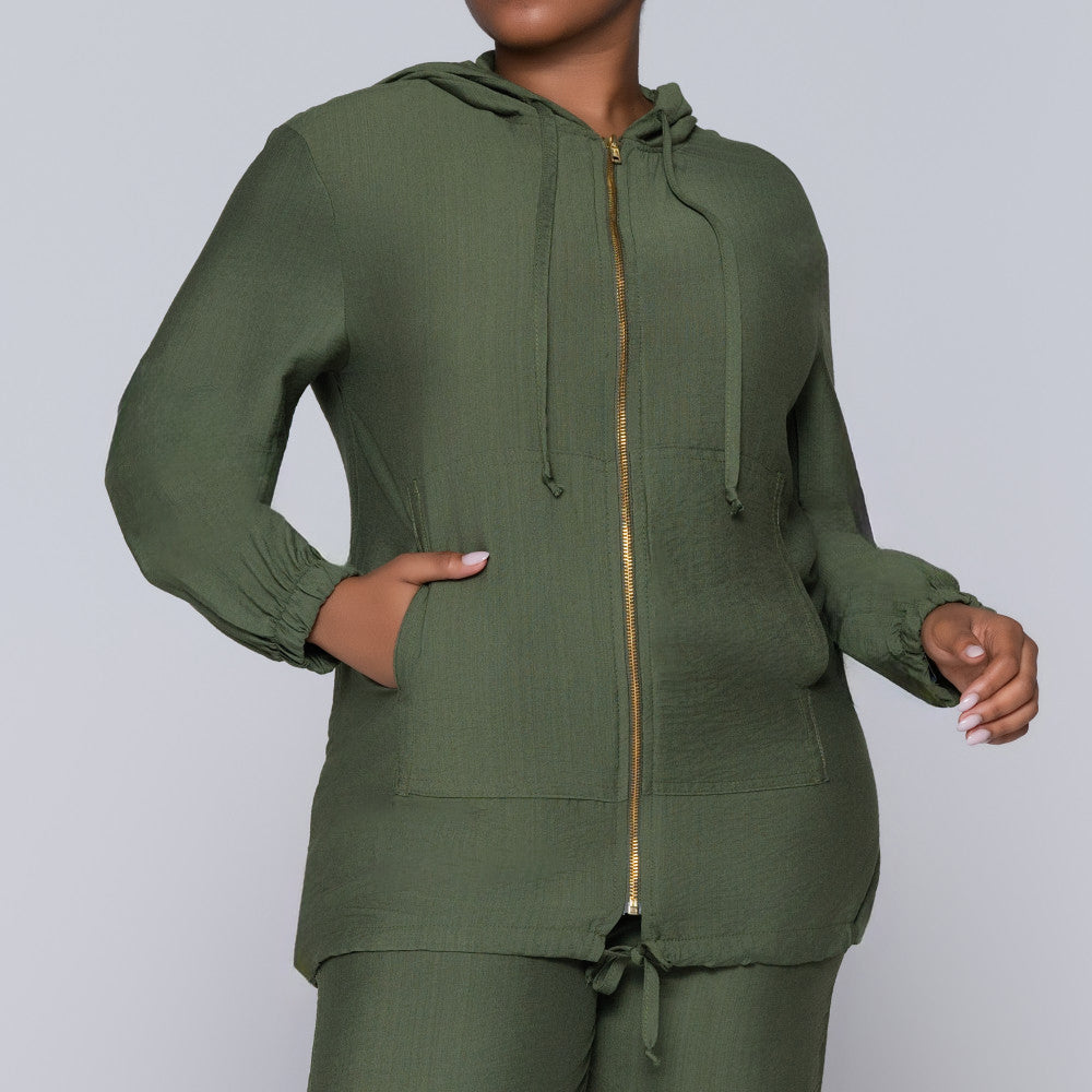 Long Sleeve Olive Hooded Zipper Jacket