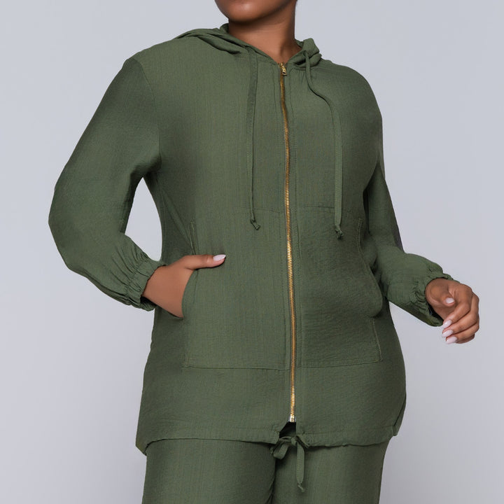 Long Sleeve Olive Hooded Zipper Jacket