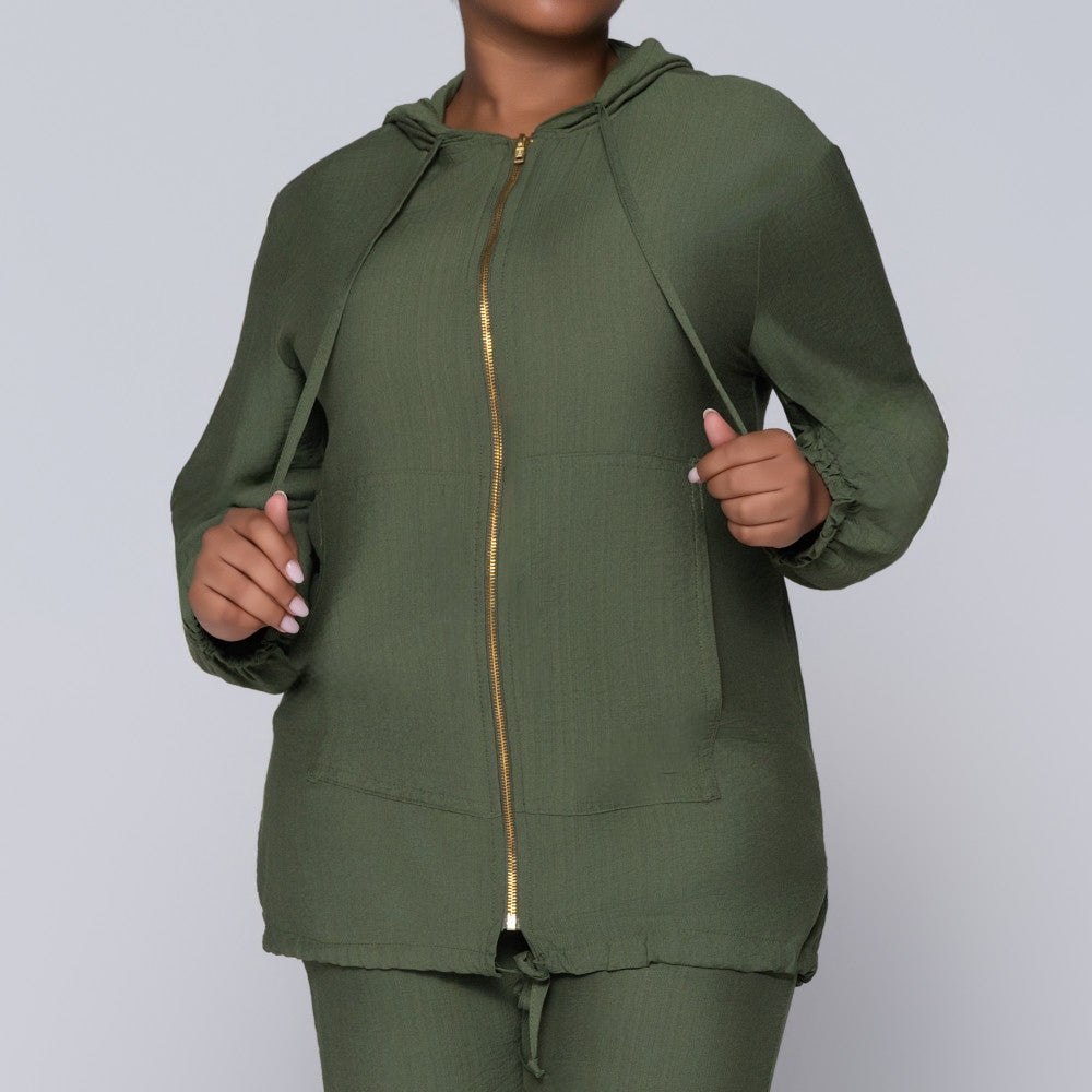 Long Sleeve Olive Hooded Zipper Jacket