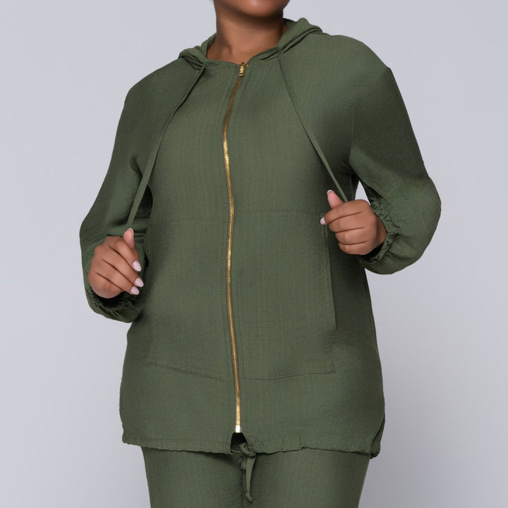 Long Sleeve Olive Hooded Zipper Jacket