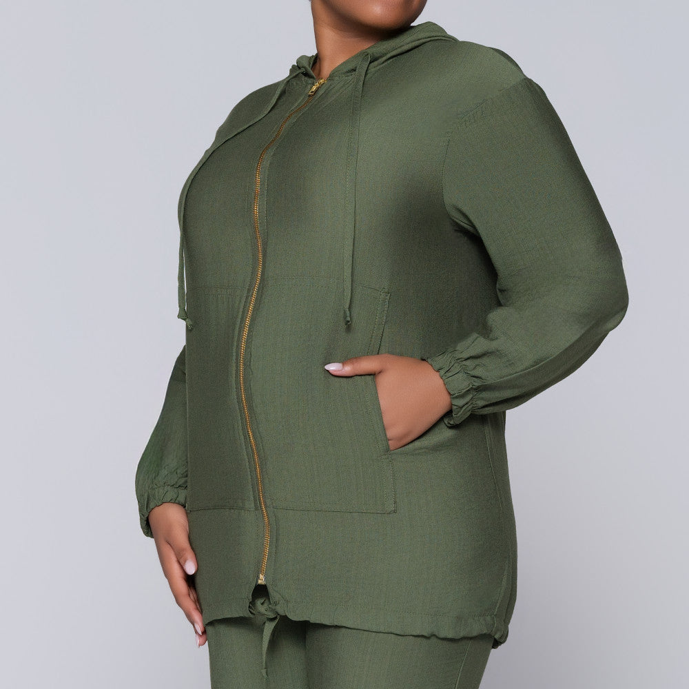 Long Sleeve Olive Hooded Zipper Jacket