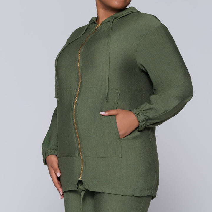 Long Sleeve Olive Hooded Zipper Jacket