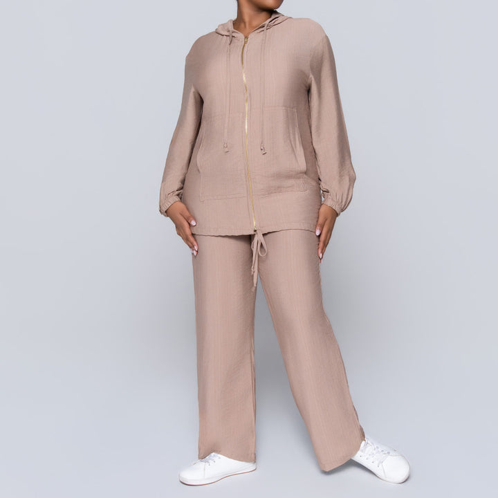 Long Sleeve Mocca Hooded Zipper Jacket