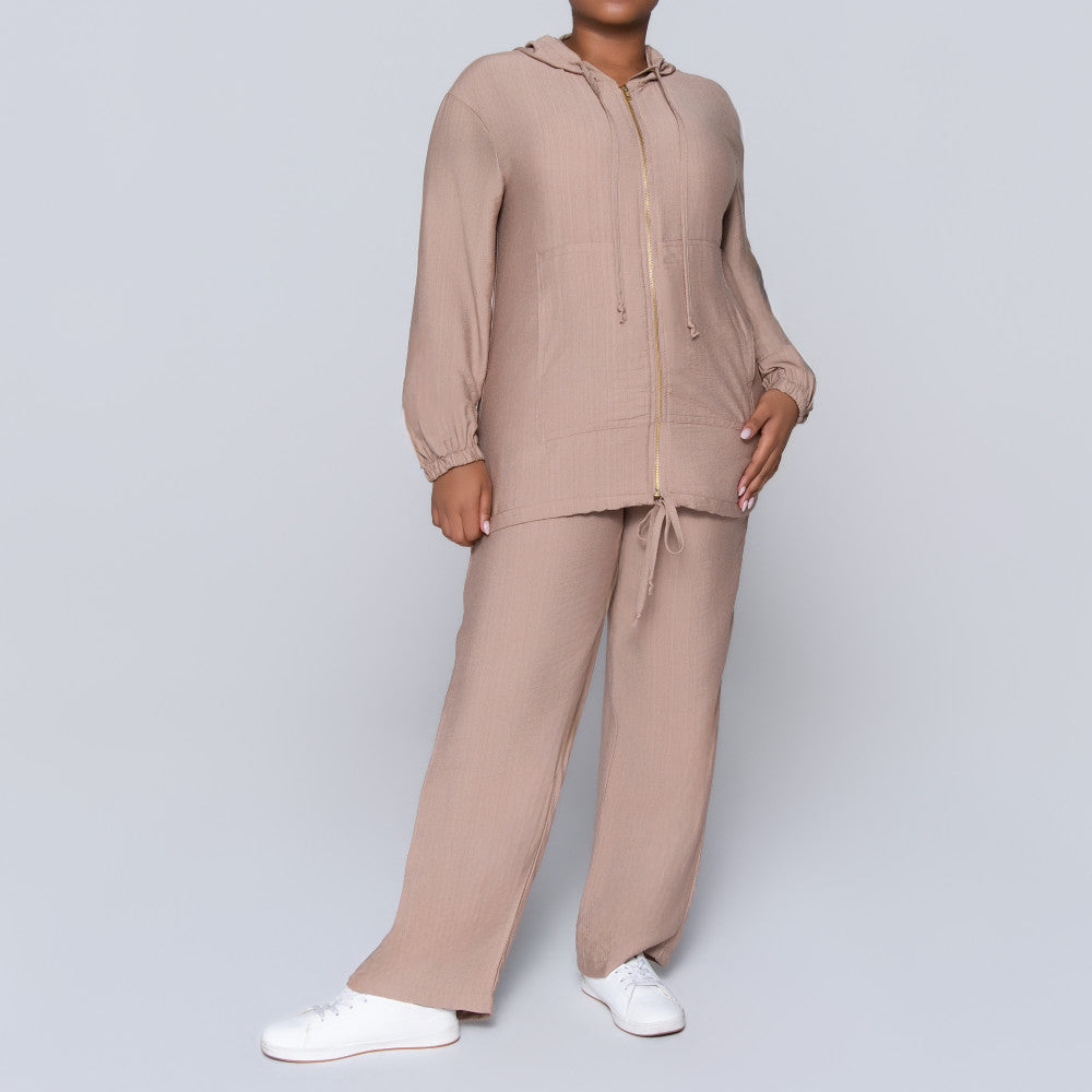 Long Sleeve Mocca Hooded Zipper Jacket