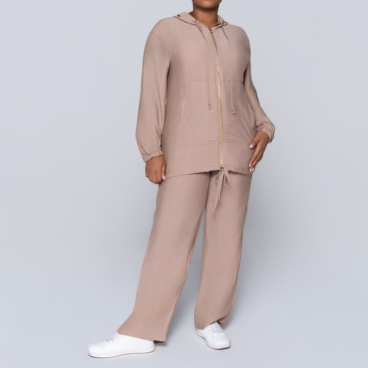 Long Sleeve Mocca Hooded Zipper Jacket