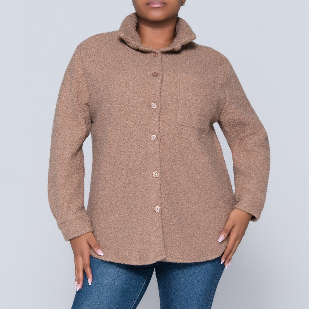Long Sleeve Camel Boucle Button Down Top